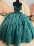 Vestido de quinceañera de baile con cuentas, tirantes finos, color verde esmeralda, modelo Y1621