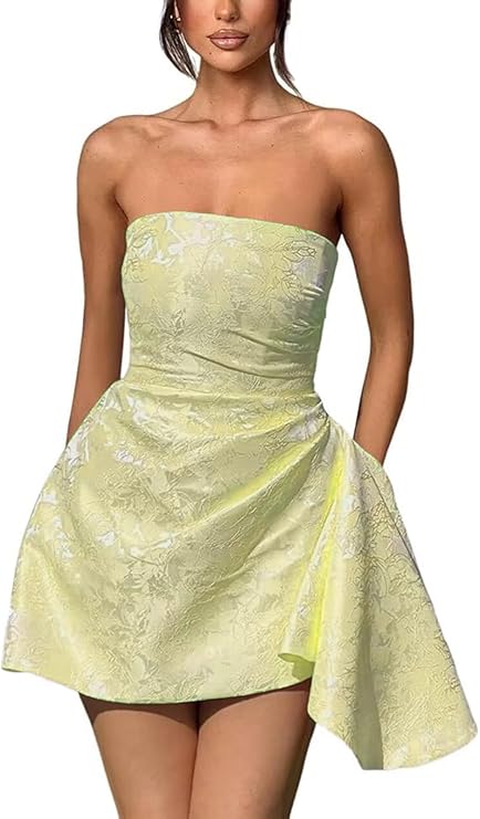 Vestido corto de fiesta de bienvenida, sin tirantes, corte en A, de satén jacquard, asimétrico, con cordones.