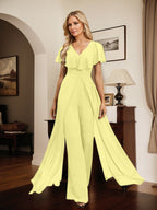Combinaison-pantalon robe de soirée longue en mousseline à col en V
