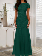 Robe sirène bleu marine foncé à sequins et tulle, décolleté rond, robe en tulle bleu marine foncé