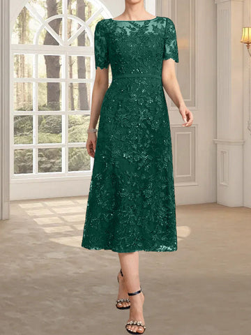 A-line Scoop Illusion Tea-Length Lace Mother of the Bride Dress With Sequins