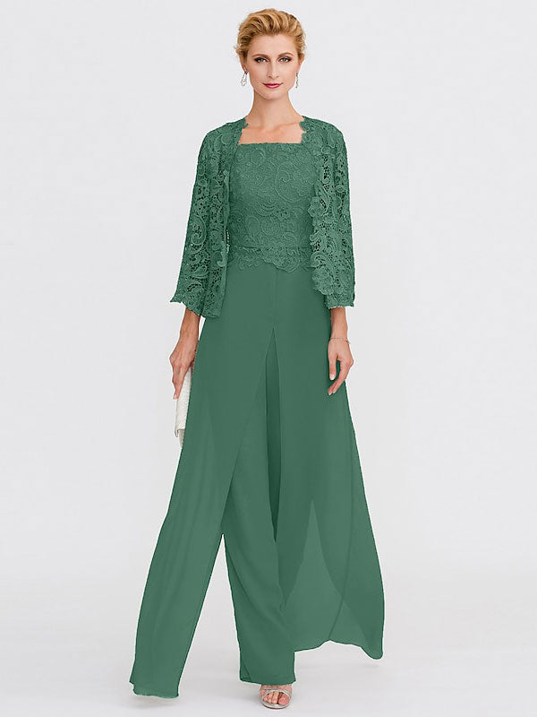 Traje pantalón de chifón de tres piezas con escote cuadrado y chaqueta para la madre de la novia 