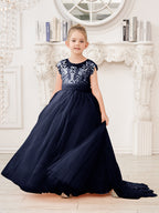 Vestido rosa de niña de las flores, corte en A, encaje, tul y cola corta 