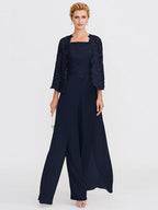 Traje pantalón de chifón de tres piezas con escote cuadrado y chaqueta para la madre de la novia 