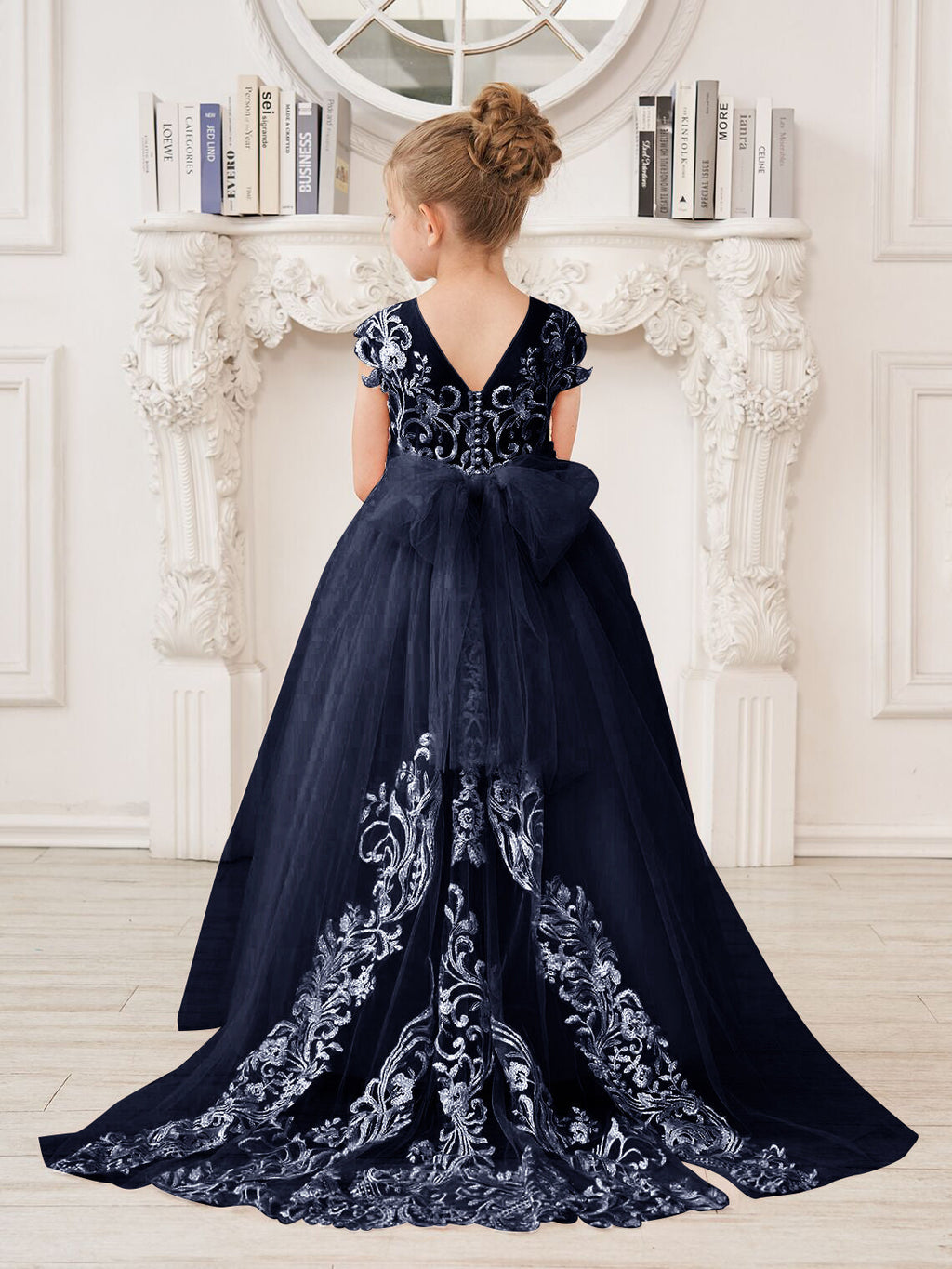 Vestido rosa de niña de las flores, corte en A, encaje, tul y cola corta 