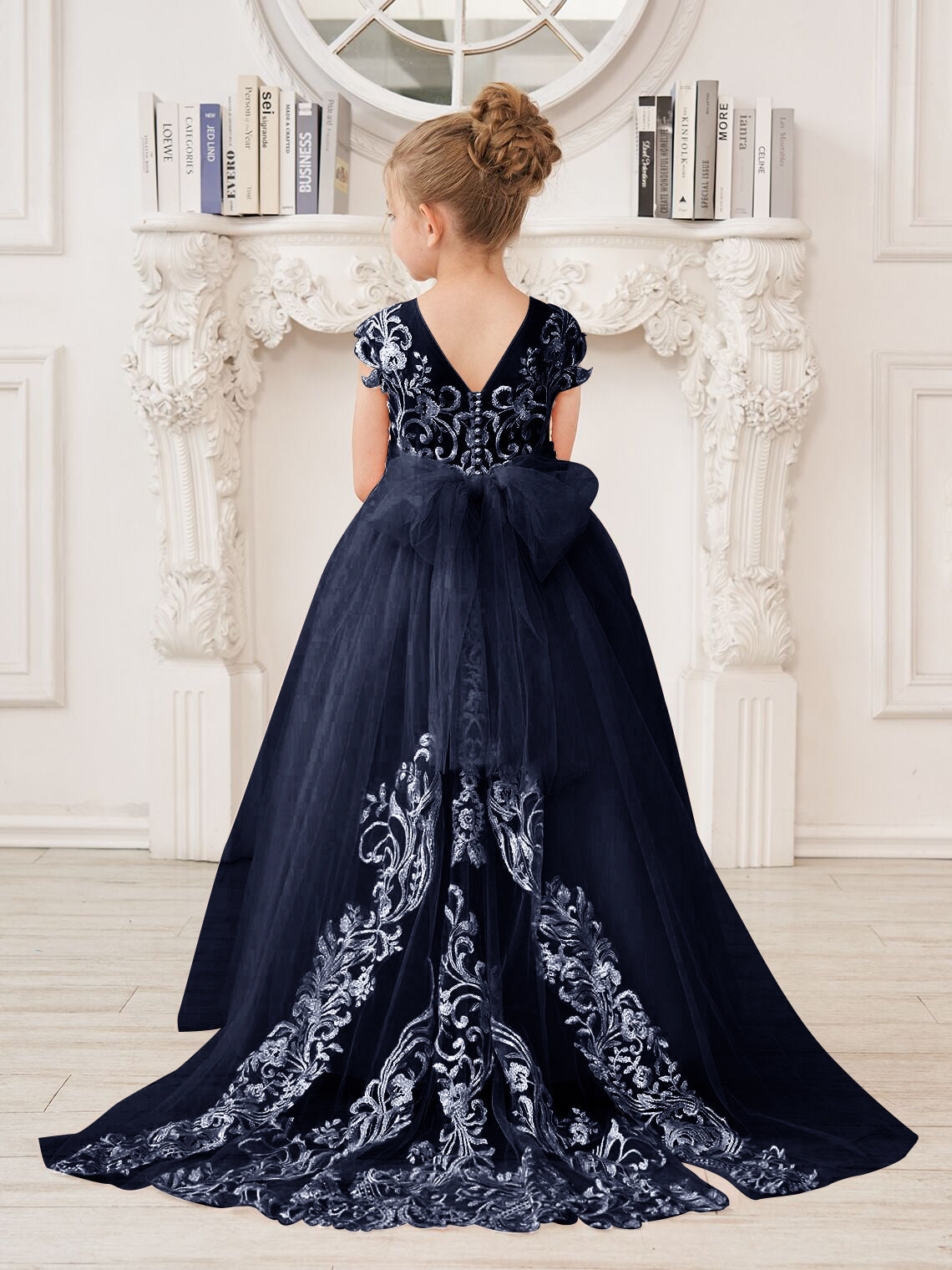Vestido rosa de niña de las flores, corte en A, encaje, tul y cola corta 
