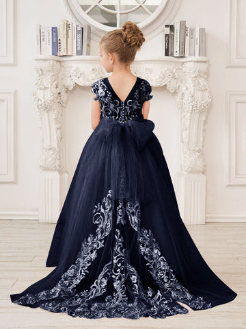 Vestido rosa de niña de las flores, corte en A, encaje, tul y cola corta 