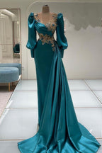Robes de bal sirène luxueuses en satin à manches longues ornées de bijoux