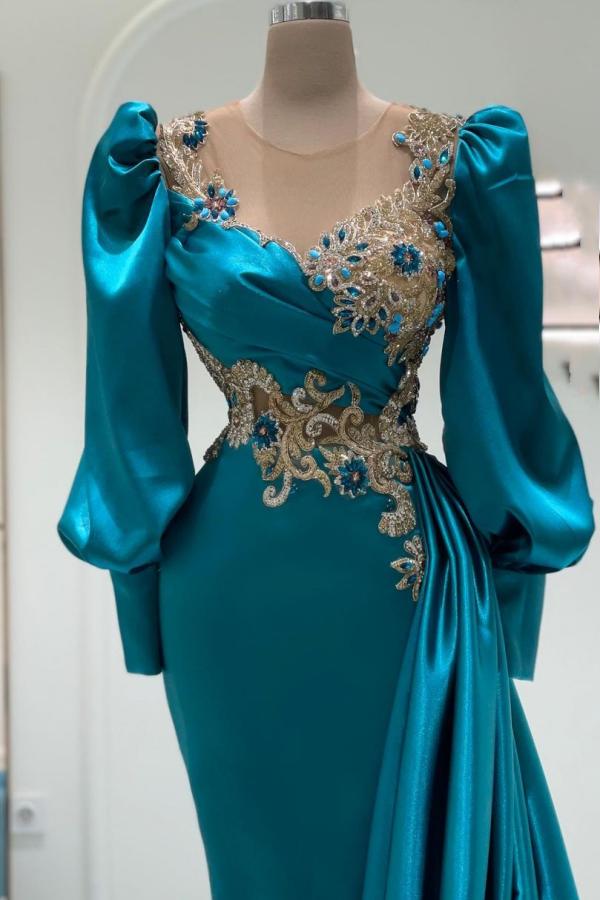 Robes de bal sirène luxueuses en satin à manches longues ornées de bijoux