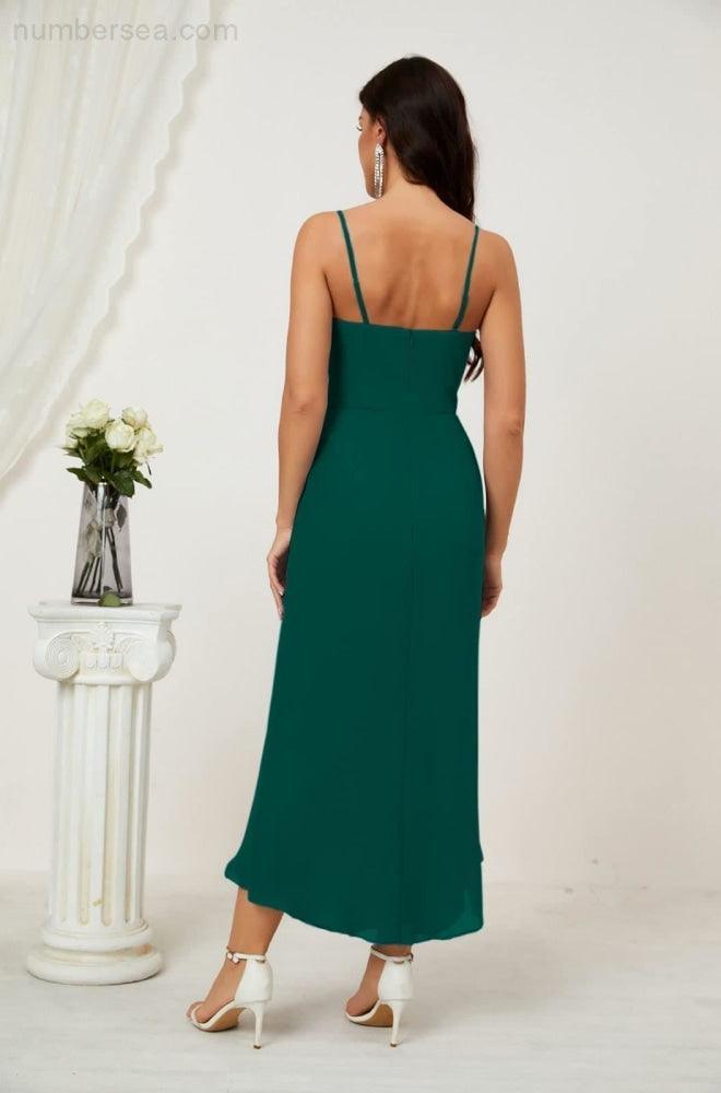 Vestido de dama de honor de gasa con escote en V y abertura media, vestido formal de fiesta, vestido de bienvenida 2803 