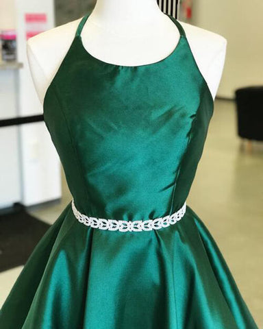Robe de bal courte en satin vert foncé à col rond, robe de soirée courte