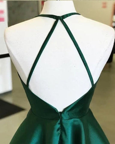 Robe de bal courte en satin vert foncé à col rond, robe de soirée courte