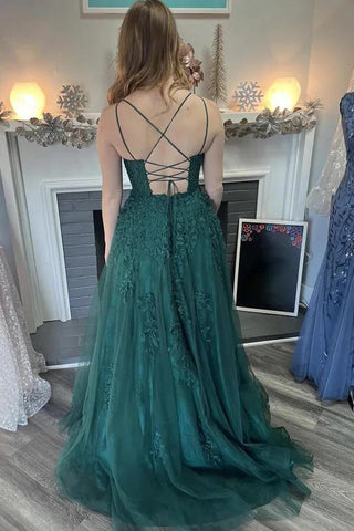 Tulle A-line Scoop Spaghetti Straps Long Prom Dresses