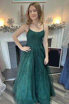 Tulle A-line Scoop Spaghetti Straps Long Prom Dresses