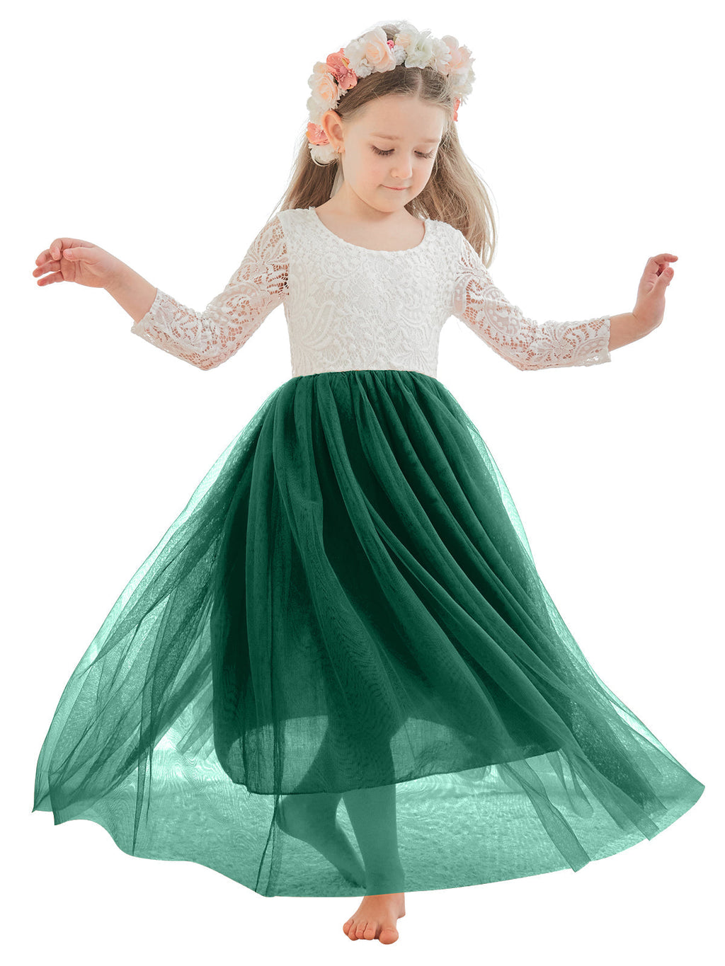 Vestido de niña de las flores de tul, manga larga, corte línea A, encaje blanco angelical 