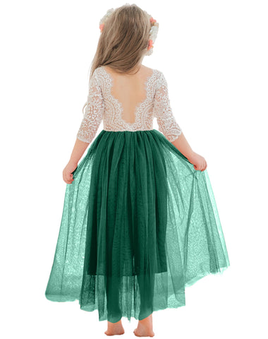 Vestido de niña de las flores de tul, manga larga, corte línea A, encaje blanco angelical 