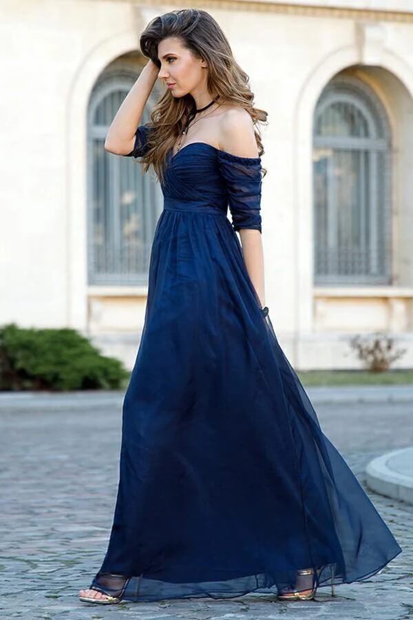 Robes de demoiselle d'honneur en tulle bleu marine foncé, manches courtes et épaules dénudées 