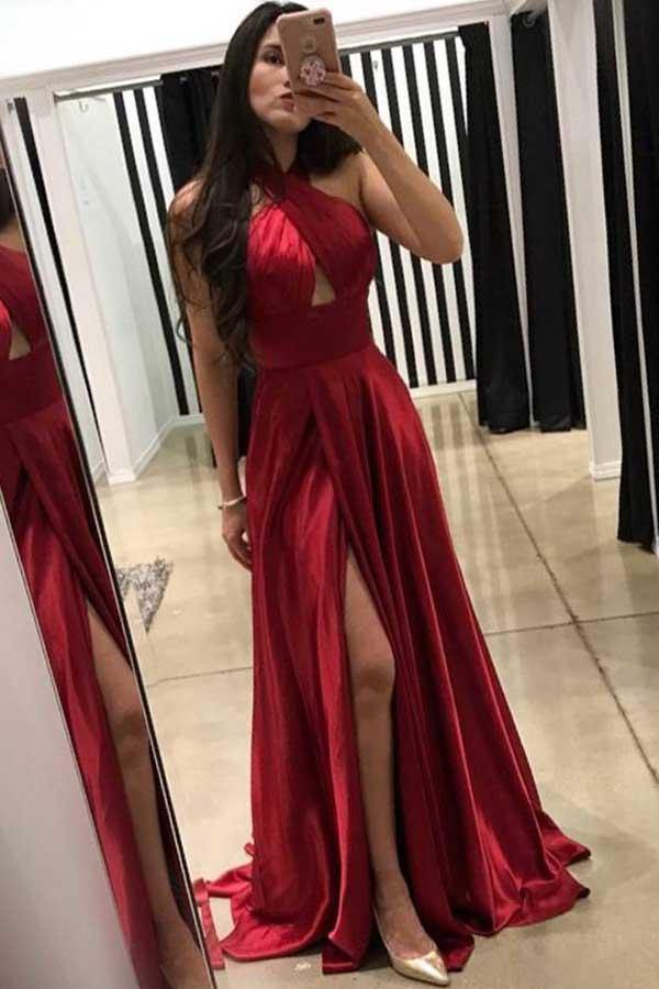 Vestido largo de fiesta de corte A, escote cruzado, hasta el suelo y abertura lateral