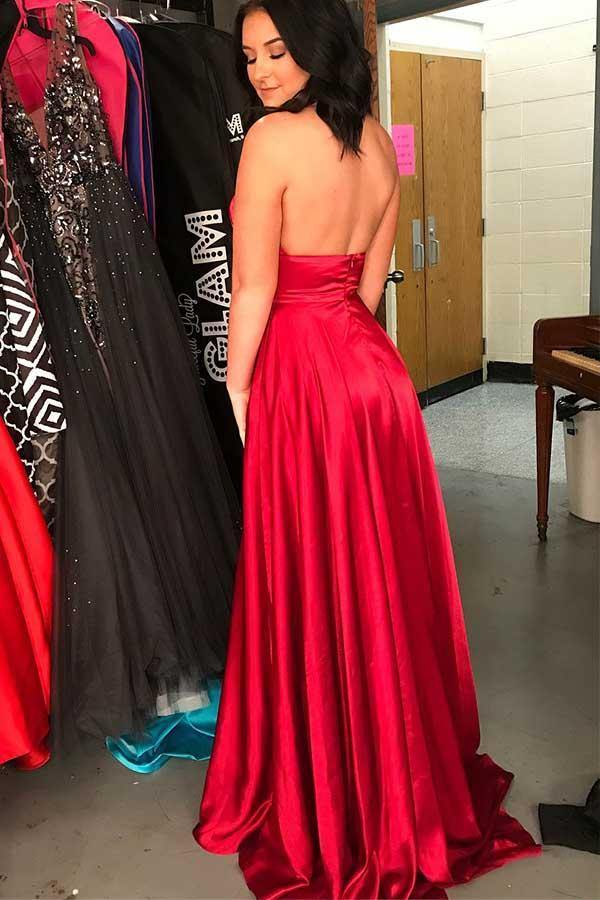 Vestido largo de fiesta de corte A, escote cruzado, hasta el suelo y abertura lateral