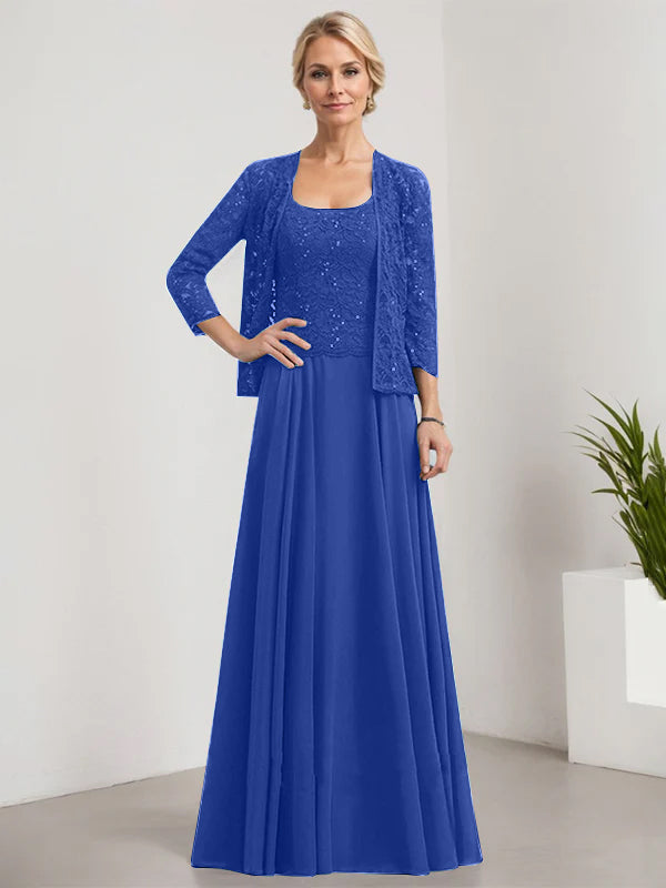 Vestido de corte A, cuadrado, largo hasta el suelo, de encaje y gasa con lentejuelas para la madre de la novia 