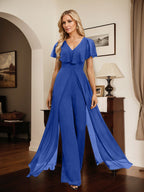 Combinaison-pantalon robe de soirée longue en mousseline à col en V