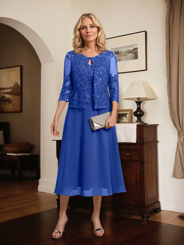 Vestido de novia de corte línea A, escote redondo, largo hasta la rodilla, de encaje y gasa con lentejuelas. 