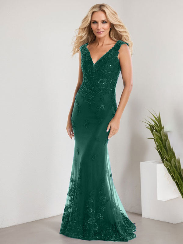 Vestido de sirena para la madre de la novia, corte sirena, escote en V, largo hasta el suelo, de gasa de encaje con apliques de lentejuelas. 