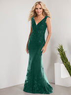 Vestido de sirena para la madre de la novia, corte sirena, escote en V, largo hasta el suelo, de gasa de encaje con apliques de lentejuelas. 