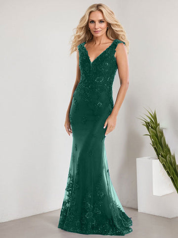 A-line V-Neck Floor-Length Lace Chiffon Mother of the Bride Dress With Applique Sequins Mermaid Dresses