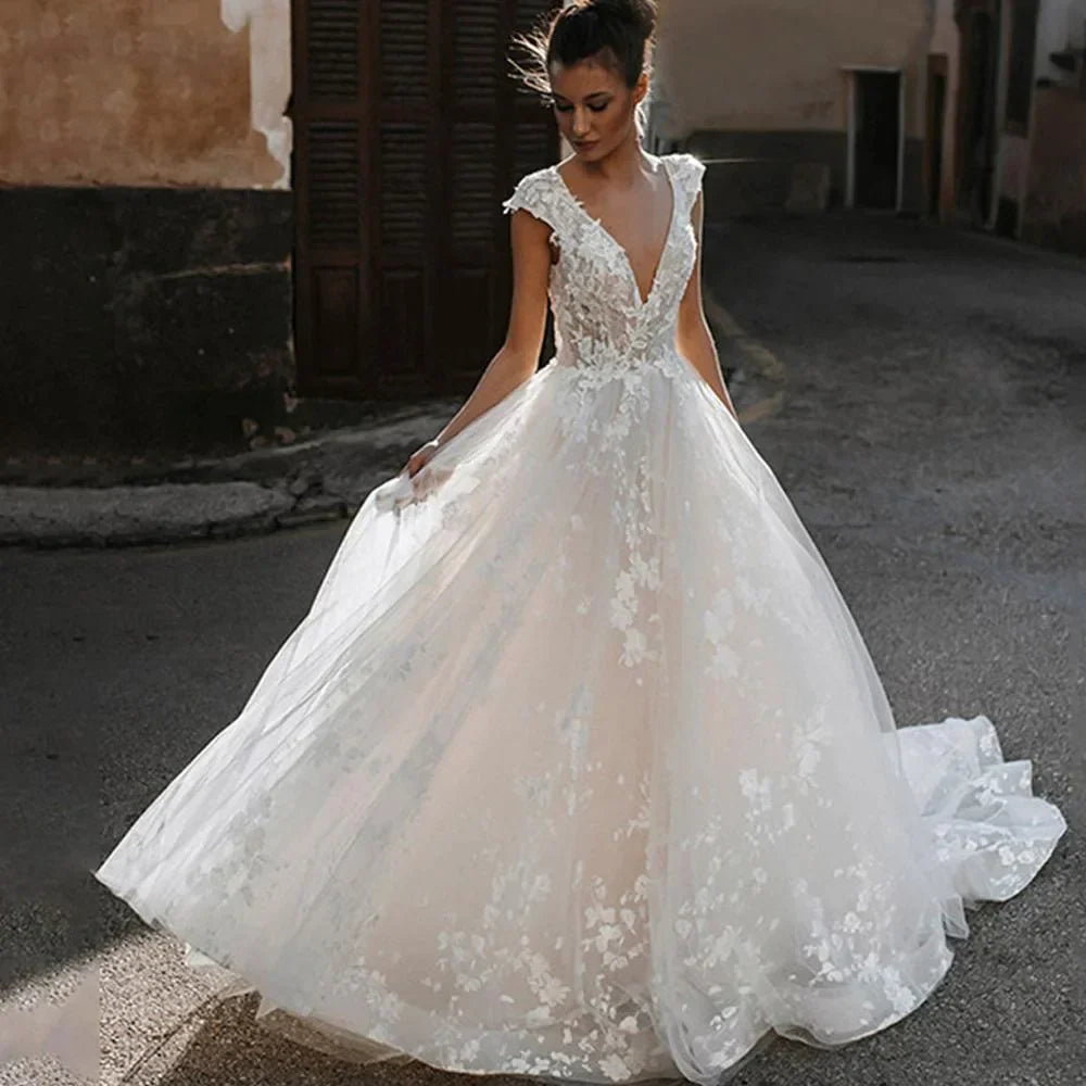 Deep V-neck Wedding Dresses Sexy Open Back Vestidos De Novia Cap Sleeve Appliques Vestido De Noiva