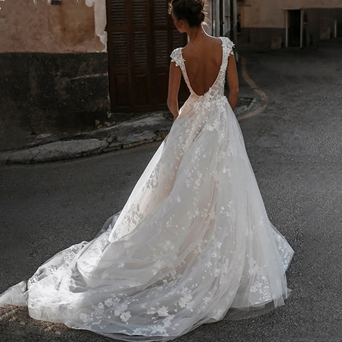 Vestidos De Novia con cuello en V profundo, Vestidos sexys con espalda abierta, manga casquillo, apliques, Vestido De Noiva