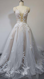 Deep V Neck Lace Wedding Dresses Romantic Bridal Gown With Train  WD593