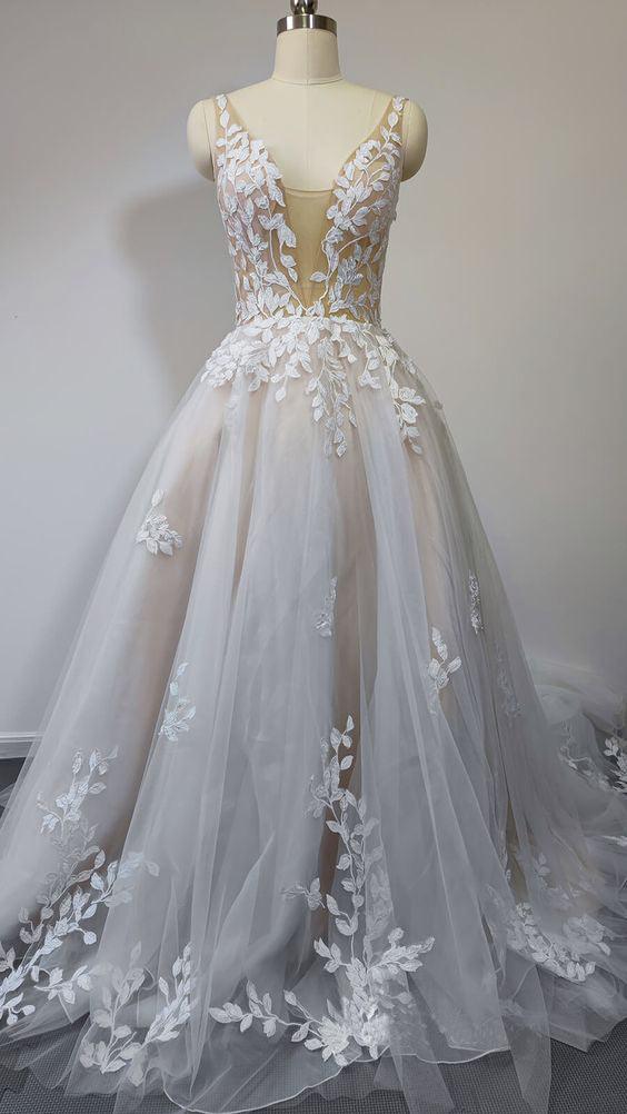 Deep V Neck Lace Wedding Dresses Romantic Bridal Gown With Train  WD593