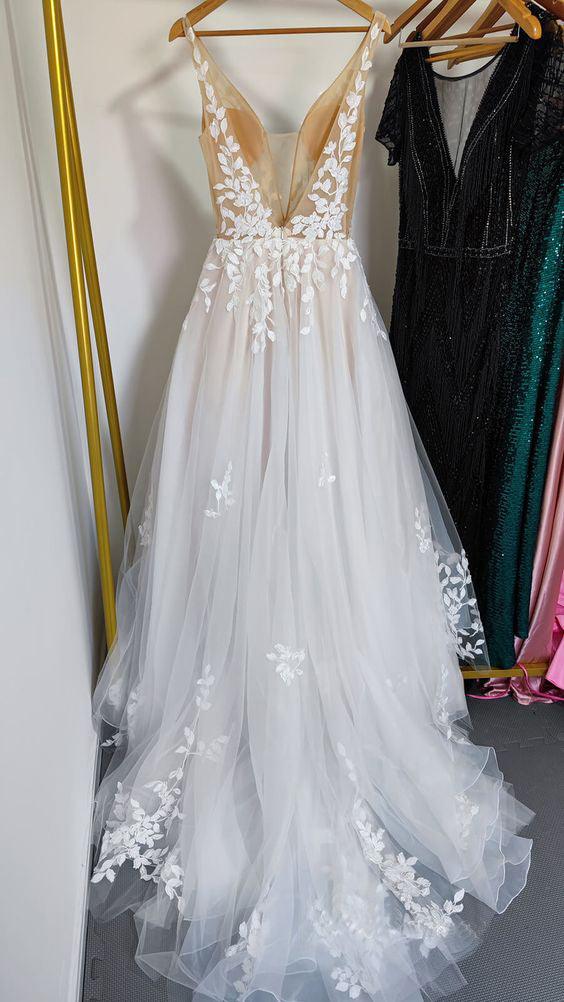 Deep V Neck Lace Wedding Dresses Romantic Bridal Gown With Train  WD593