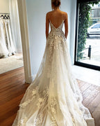 Deep V Neck Spaghetti Straps Beach Wedding Dress Bridal Gown  WD556