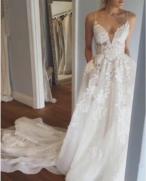 Deep V Neck Spaghetti Straps Beach Wedding Dress Bridal Gown  WD556