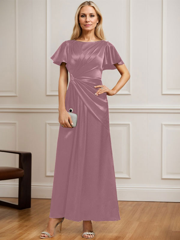 Vestido de novia corte A, escote redondo, largo hasta el tobillo, de satén elástico con plisados ​​y cuentas. 
