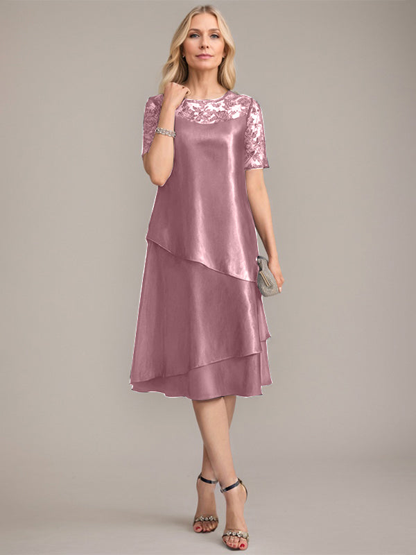 Vestido de corte A, escote redondo, largo hasta la rodilla, para la madre de la novia, con apliques y lentejuelas. 