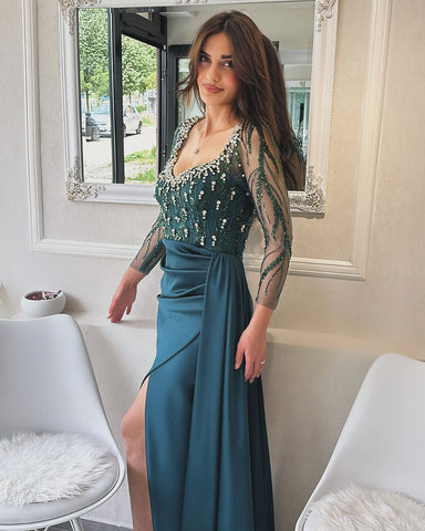 Designer Column Scoop Long Sleeve Rhinestone Satin Tulle Split Prom Dresses