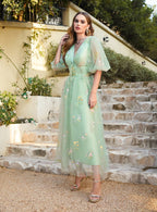 Vestido de fiesta de corte línea A con escote en V y mangas, estampado floral de diseñador, largo hasta el tobillo