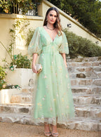 Vestido de fiesta de corte línea A con escote en V y mangas, estampado floral de diseñador, largo hasta el tobillo