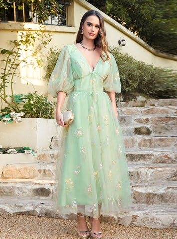 Vestido de fiesta de corte línea A con escote en V y mangas, estampado floral de diseñador, largo hasta el tobillo