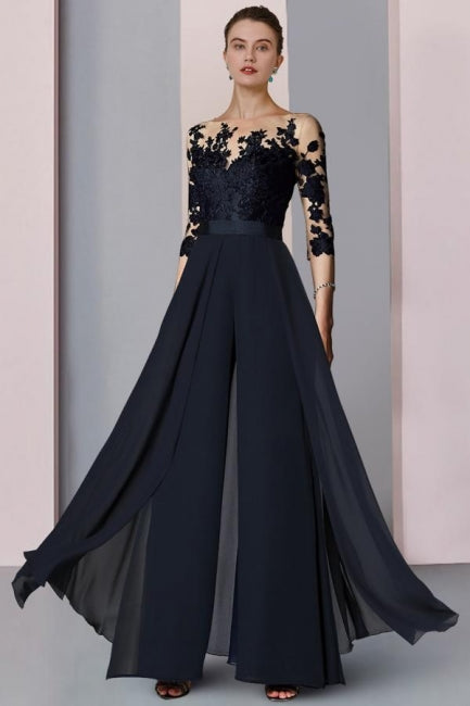 Trajes de pantalón largos de gasa de diseñador, mangas de encaje, vestidos para la madre de la novia con cola desmontable