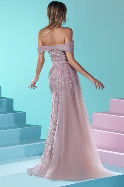 Robe de bal longue sirène à épaules dénudées en dentelle et tulle perlé