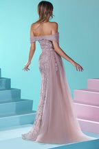 Robe de bal longue sirène à épaules dénudées en dentelle et tulle perlé