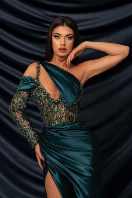Vestido de fiesta largo de sirena de diseñador, con un solo hombro, manga larga, encaje y abertura.