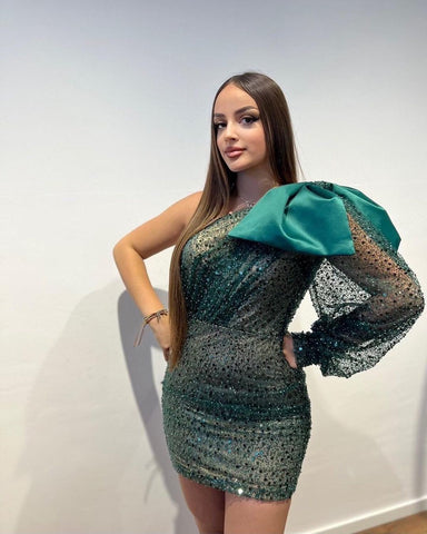 Vestido de fiesta ajustado de diseñador, corto, asimétrico, con lentejuelas y manga larga