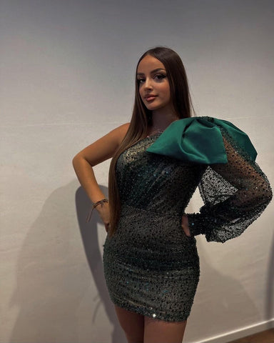 Vestido de fiesta ajustado de diseñador, corto, asimétrico, con lentejuelas y manga larga
