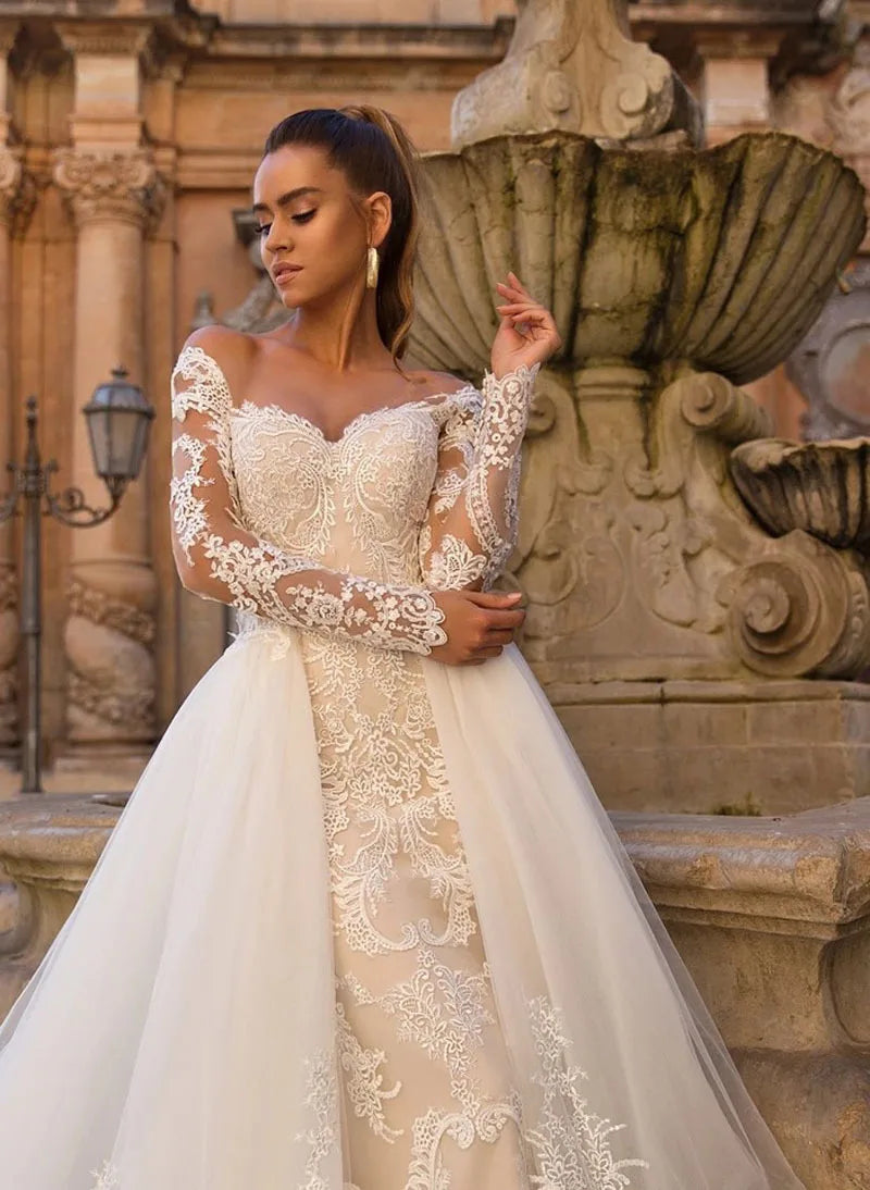 Train détachable sirène manches longues robes De mariée dentelle Robe De Mariée Vestido De Noiva