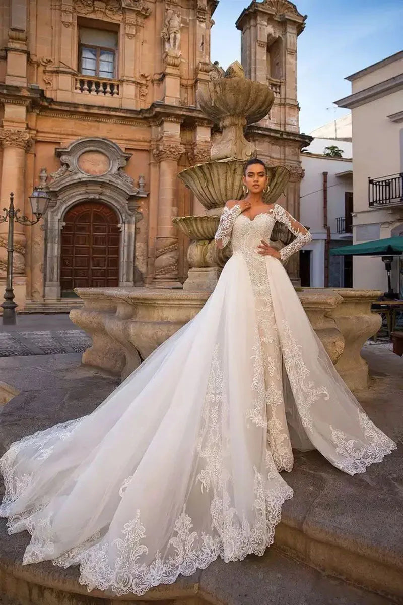 Train détachable sirène manches longues robes De mariée dentelle Robe De Mariée Vestido De Noiva